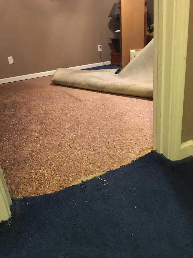 Carpet pad removal revealing water damage during Drying & Dehumidification in Bellefonte